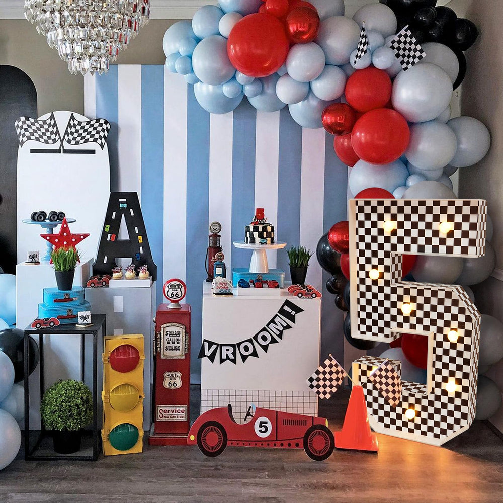 Imprsv marquee numbers race car 3ft checkered theme creates bold party backdrop.