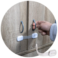 Inaya lock on cabinet demonstrates no-drill setup using adhesive.