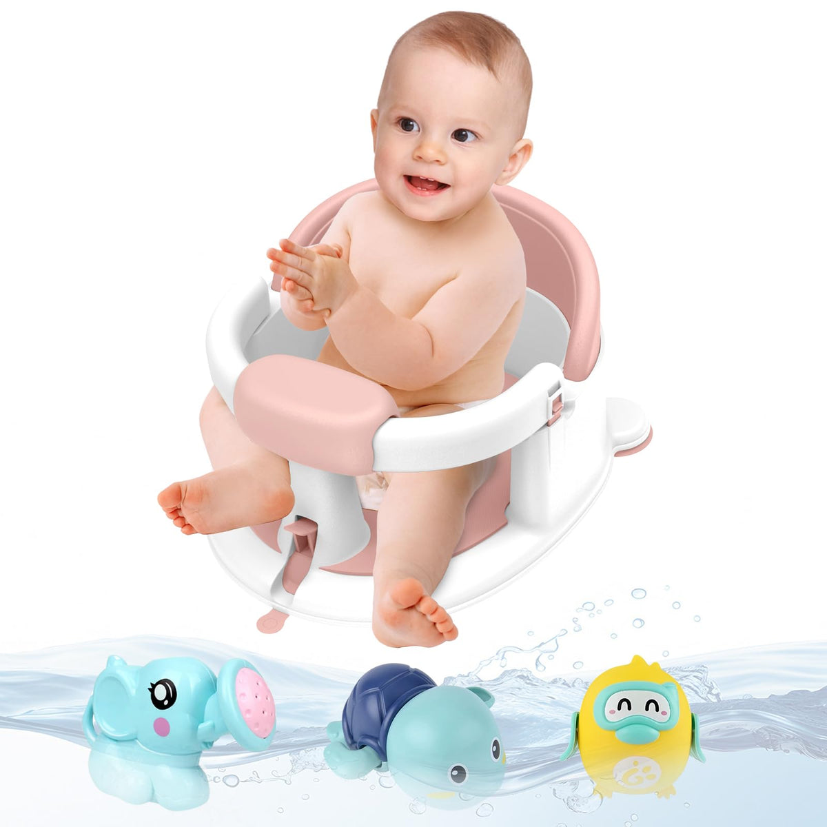 Inaya baby bath seat pink side view showcasing open design for easy access and comfort.