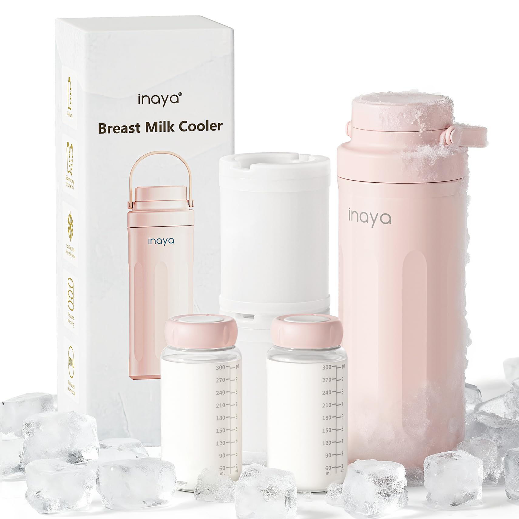 Inaya portable breast milk cooler front view in blush pink for on-the-go feeding.