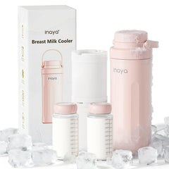 Inaya portable breast milk cooler front view in blush pink for on-the-go feeding.