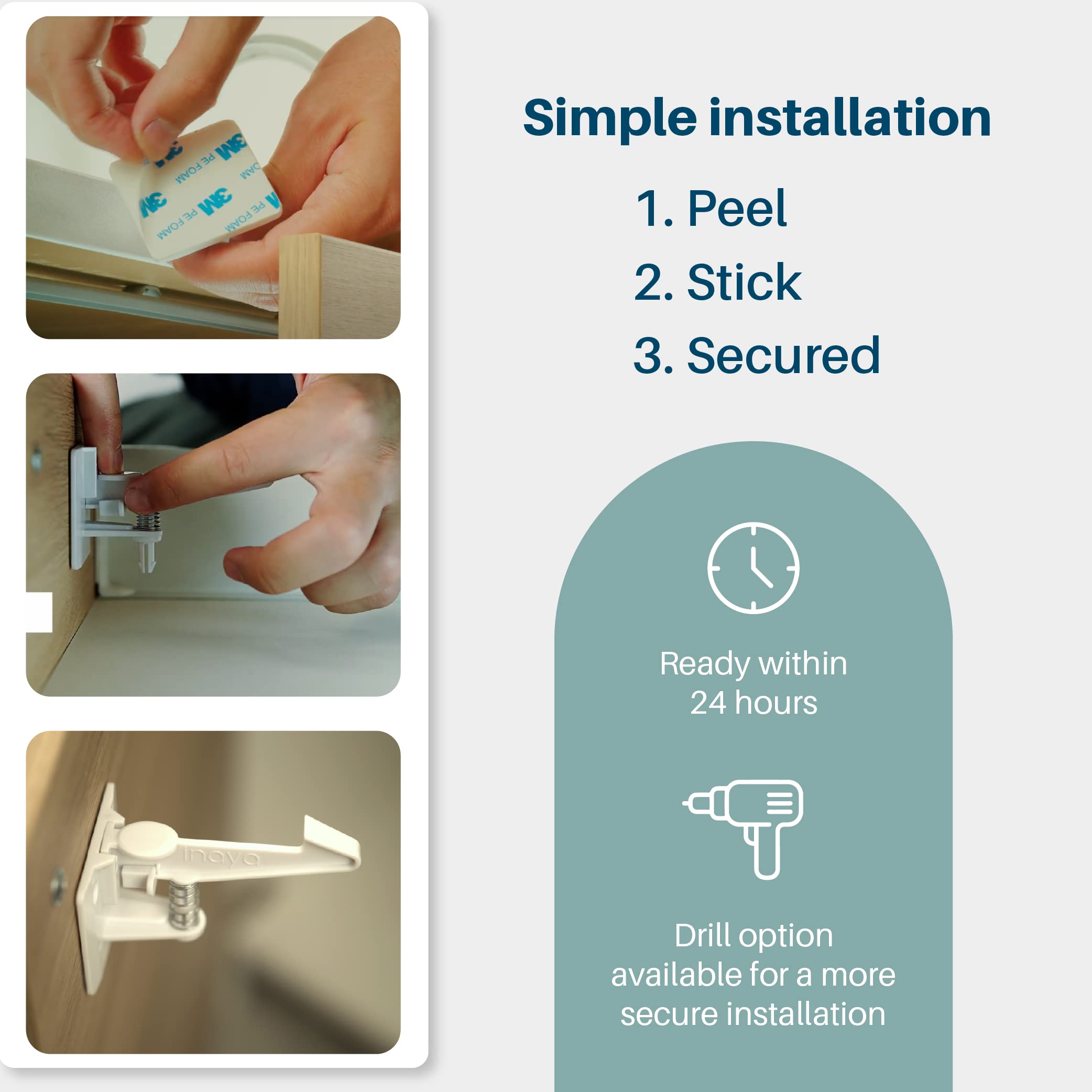 Inaya cabinet locks damage-free removal preserves finishes when taking locks off.