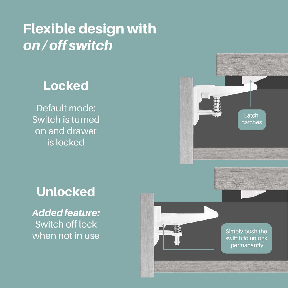 Inaya cabinet locks pre-applied 3M adhesive reduces setup steps.