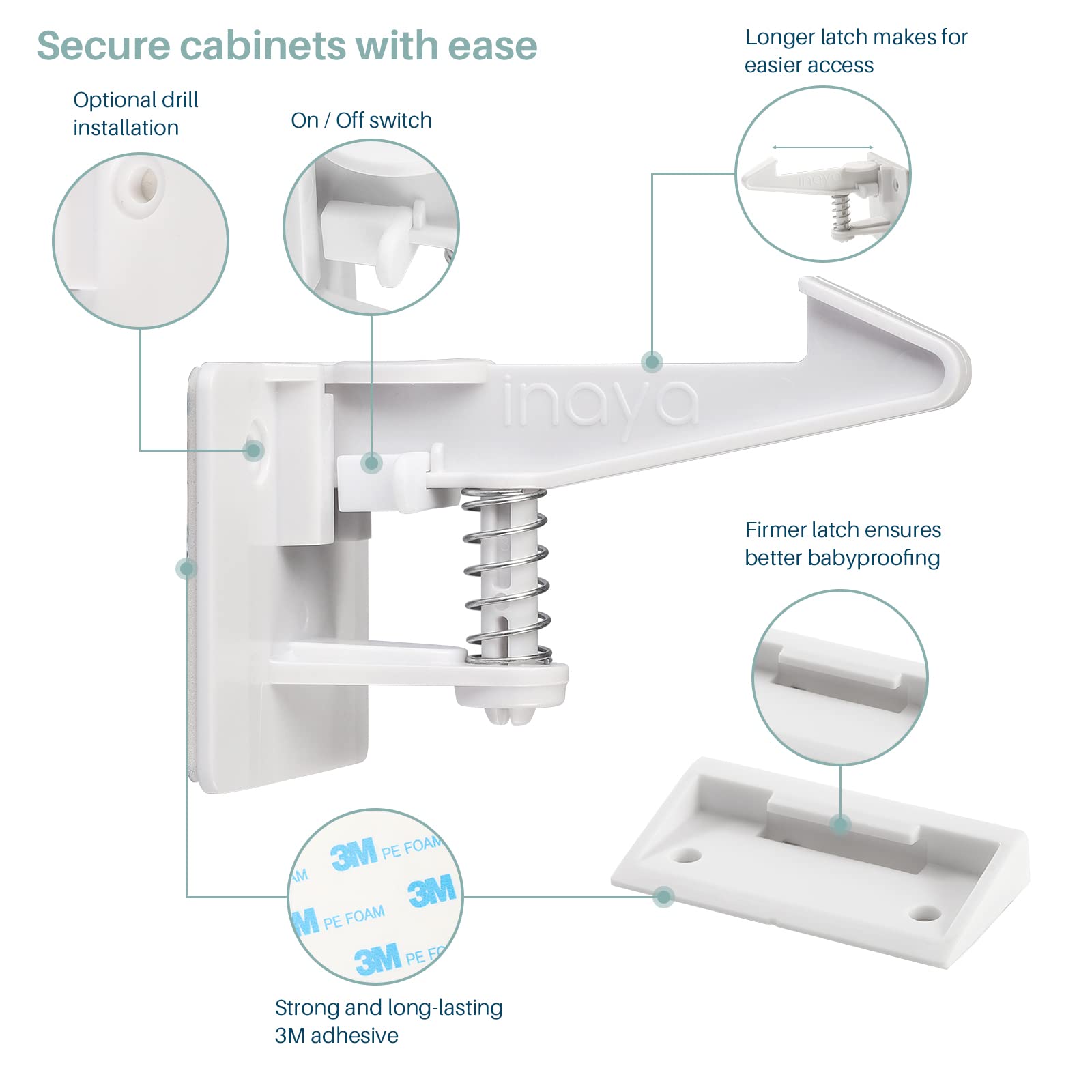 Inaya cabinet locks universal-fit surfaces ensure secure use on wood, glass, marble, and metal furniture.