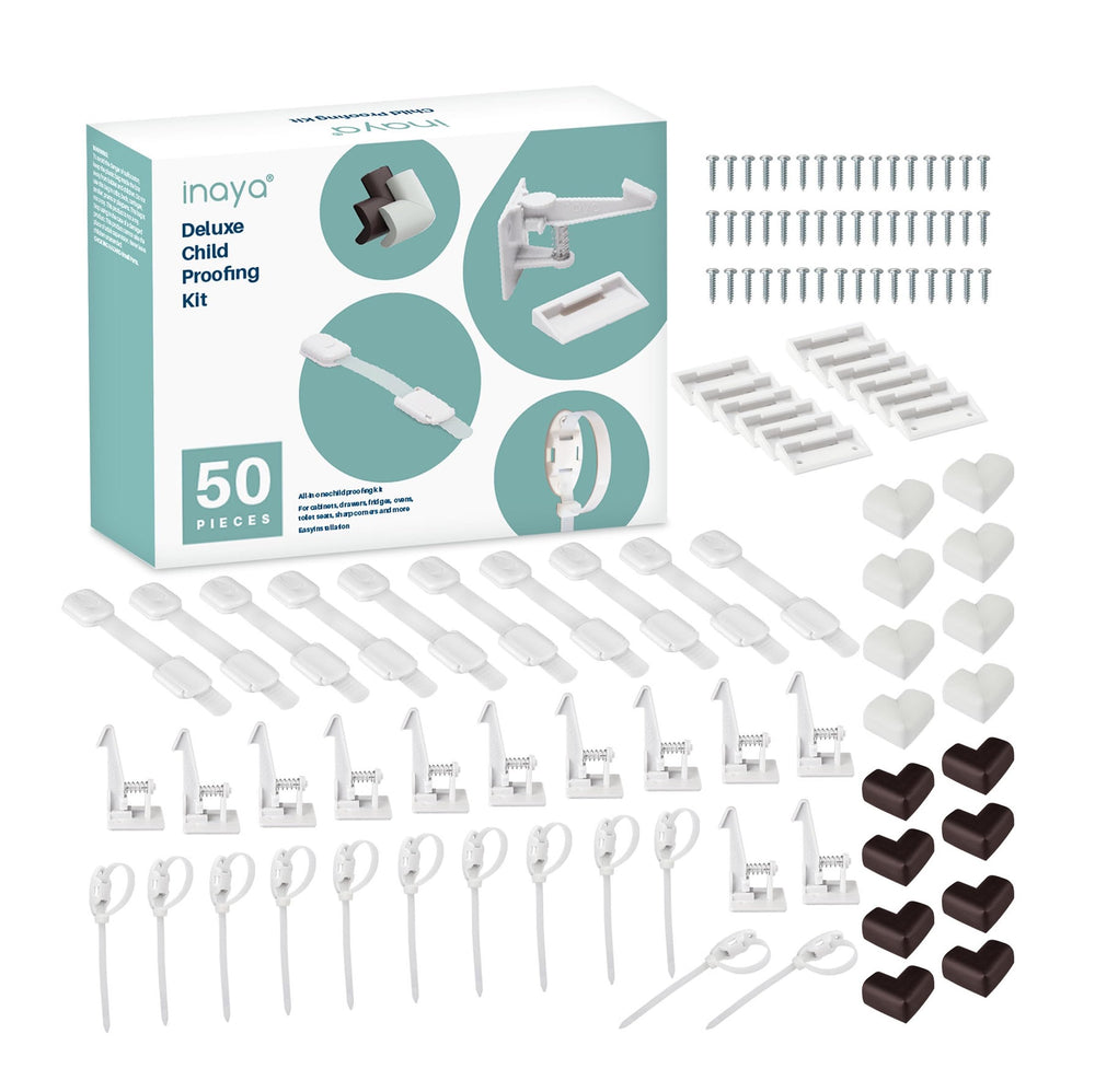 Inaya complete 50pc deluxe kit drawer-latch close-up for safer cabinet access