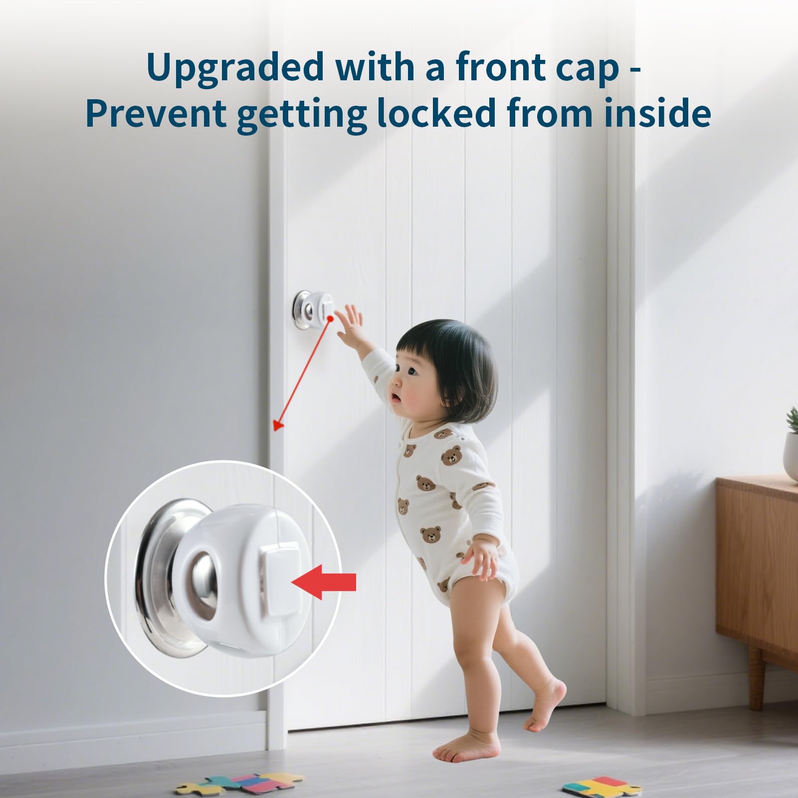 Inaya door knob safety cover close-up, BPA-free plastic for safe daily use.