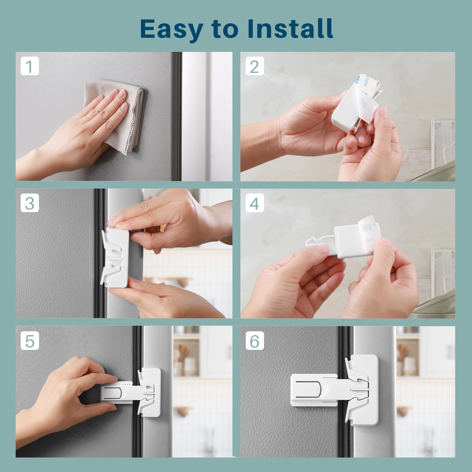 Inaya fridge lock-click-release shows dual-button safety for curious children.