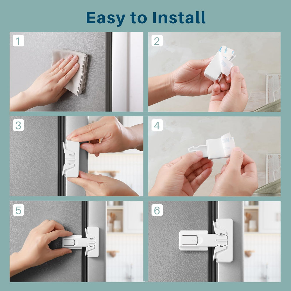 Inaya fridge lock-click-release shows dual-button safety for curious children.