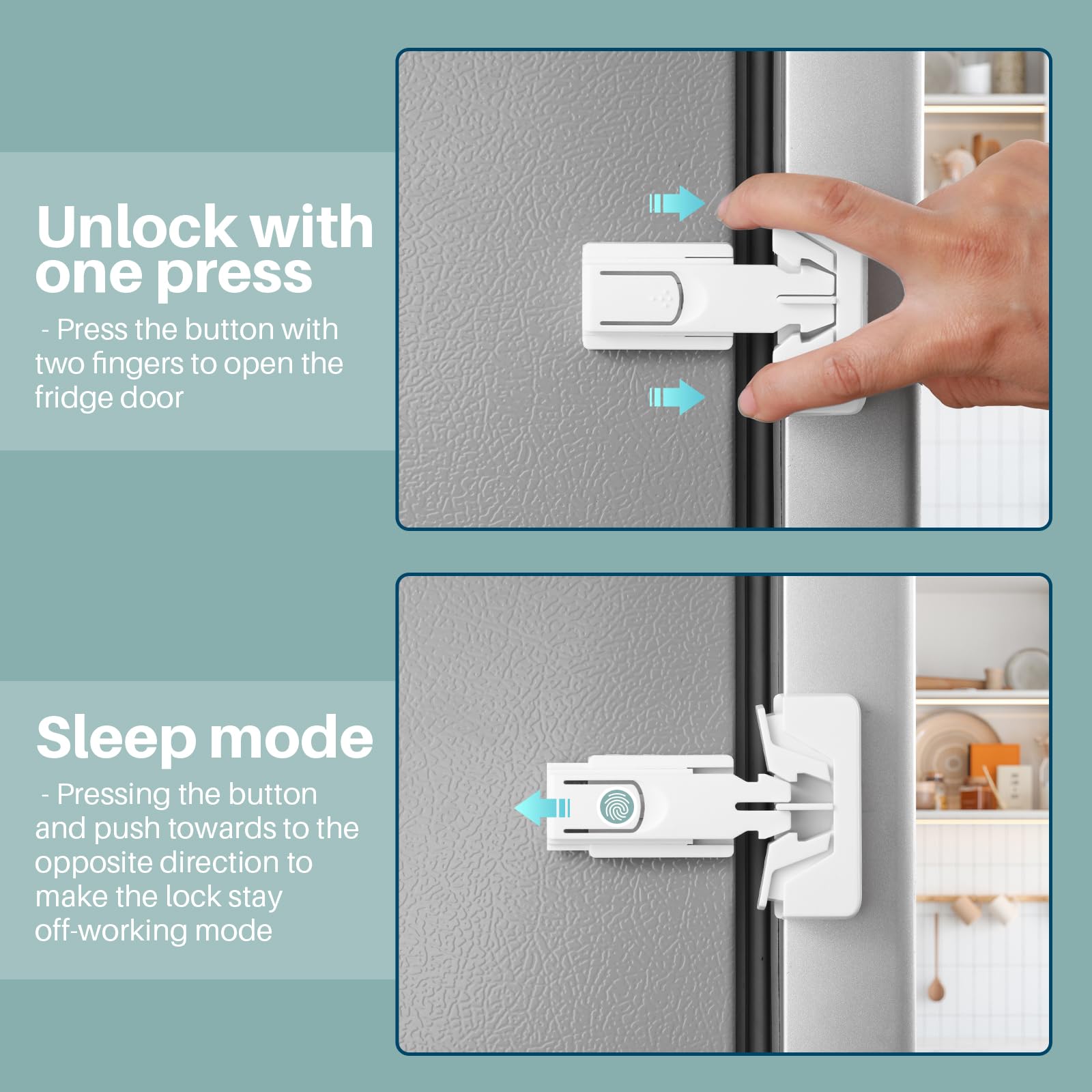Inaya fridge lock installation-no-tools highlights easy peel-and-press setup.