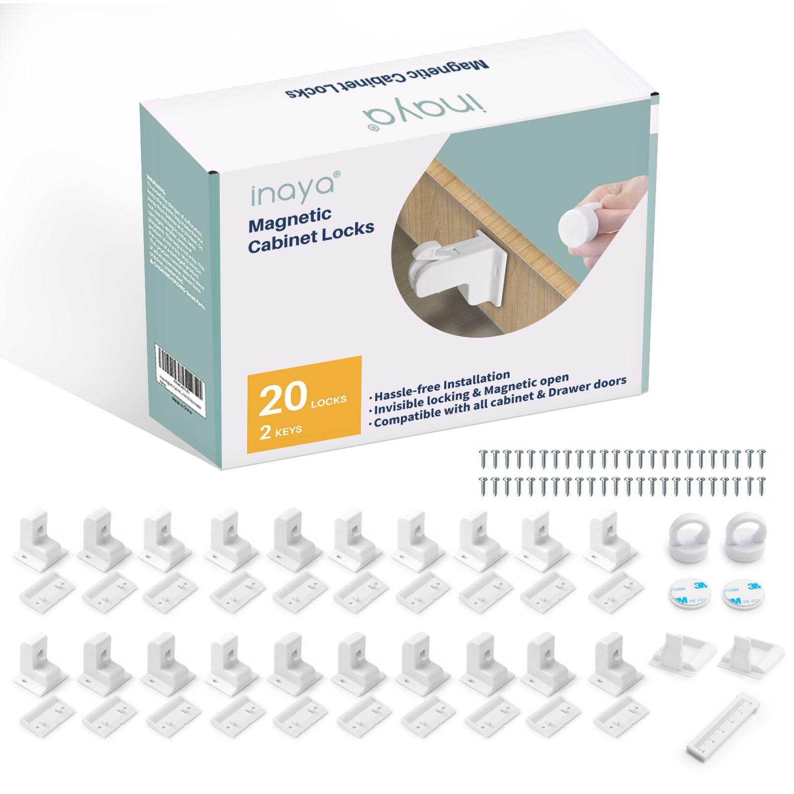 Inaya magnetic cabinet locks pack twenty on a kitchen cabinet for child safety and pet protection.