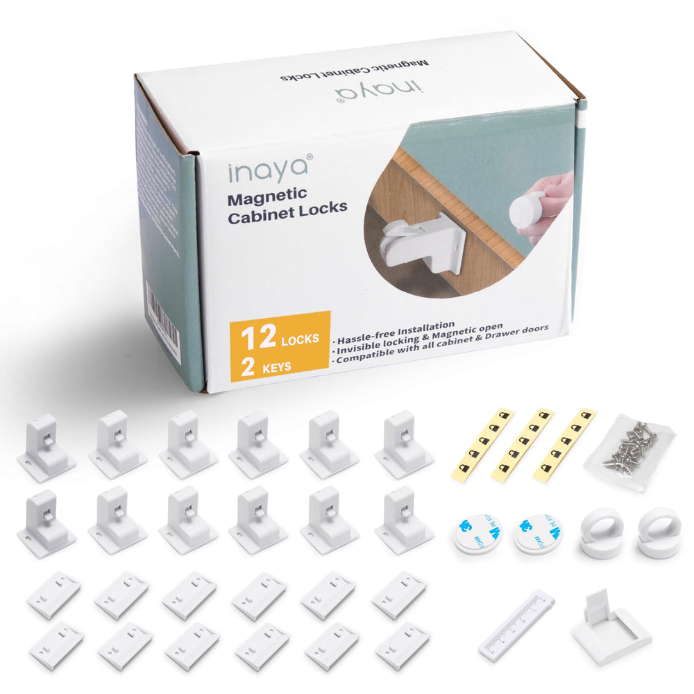 Inaya magnetic cabinet locks package showing 12 locks and 2 keys for family safety.