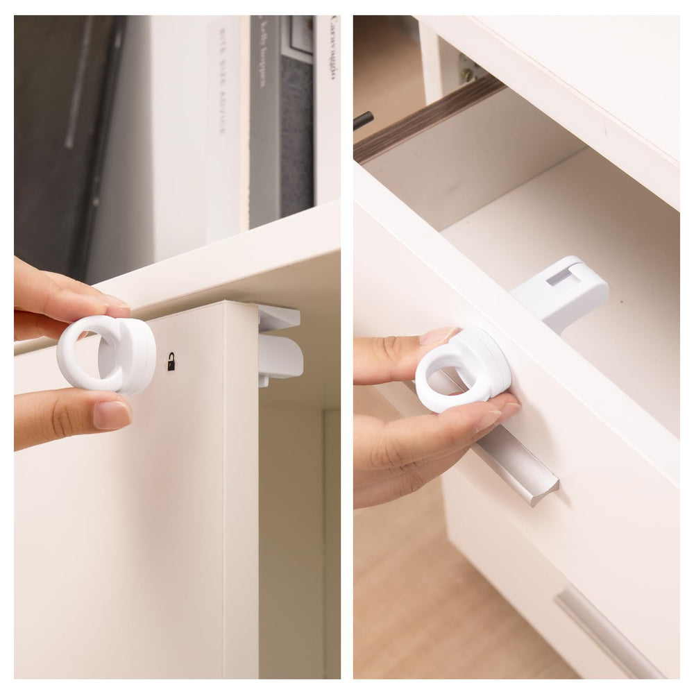 Inaya magnetic drawer lock closeup shows easy, smooth release for adults.