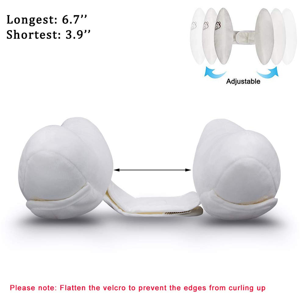 Inchant head-neck support with strap fasteners keeps head in place.