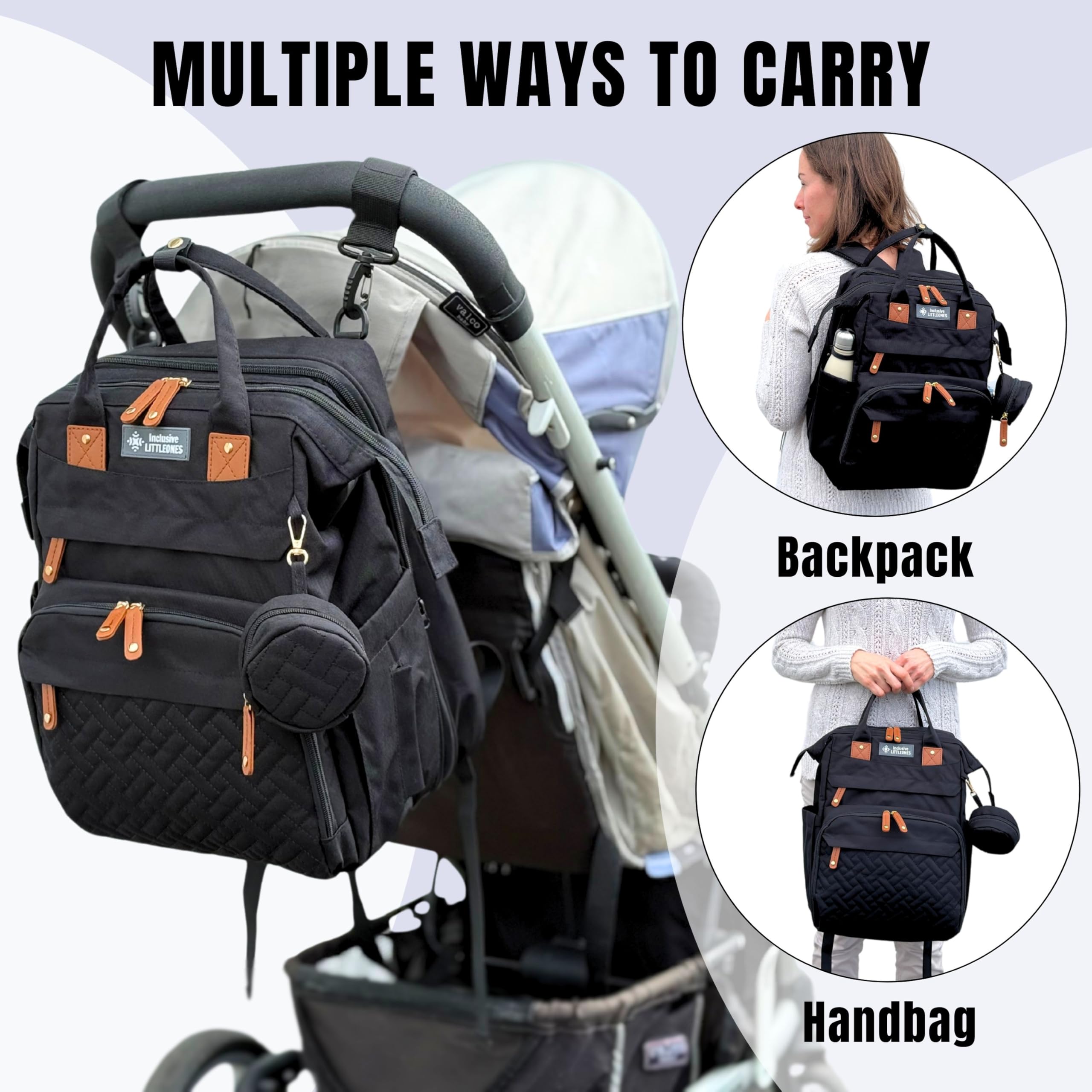 Inclusive LittleOnes bag features insulated bottle pockets to keep feeds ready.