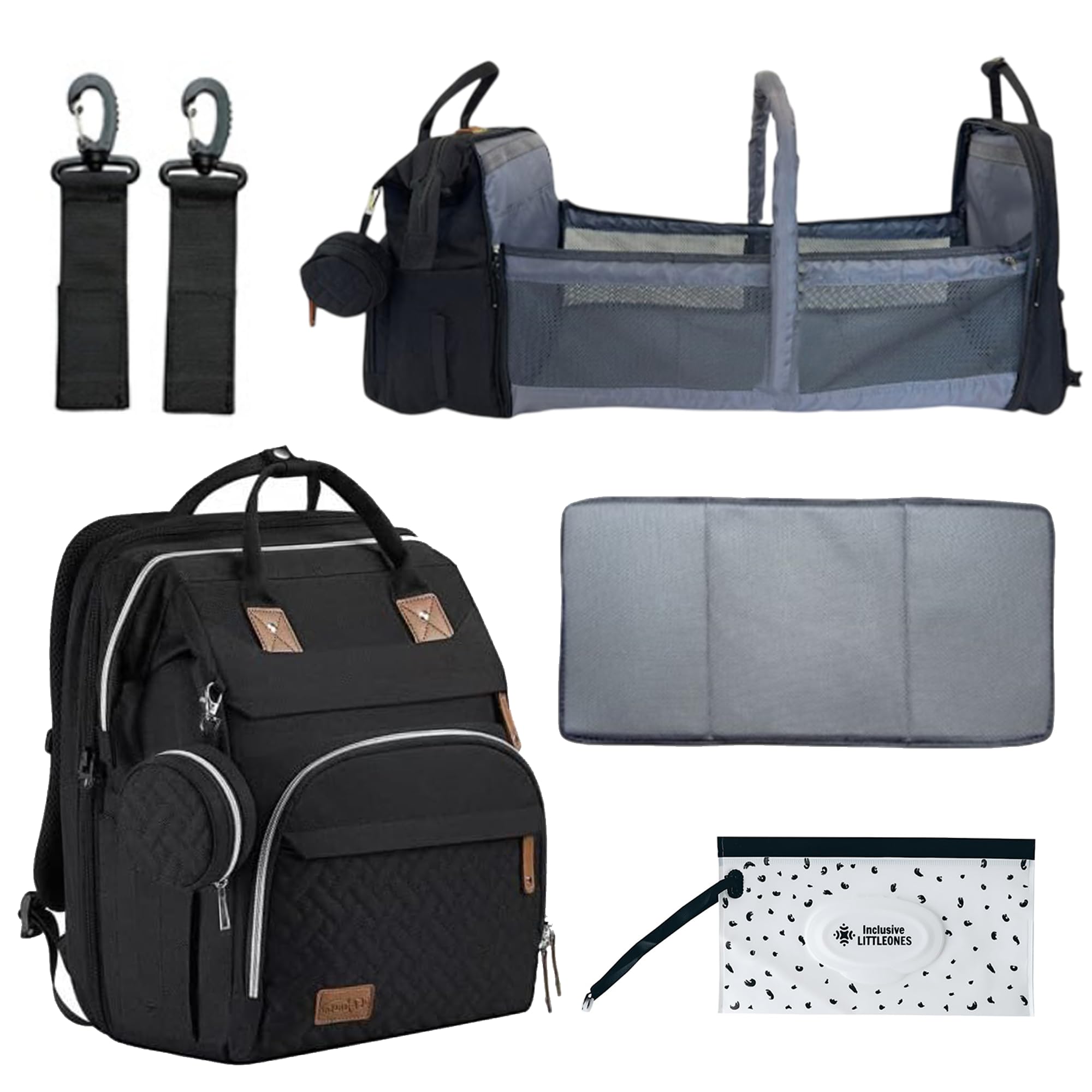 Inclusive LittleOnes diaper bag backpack with changing station—organized compartments for quick on-the-go prep.