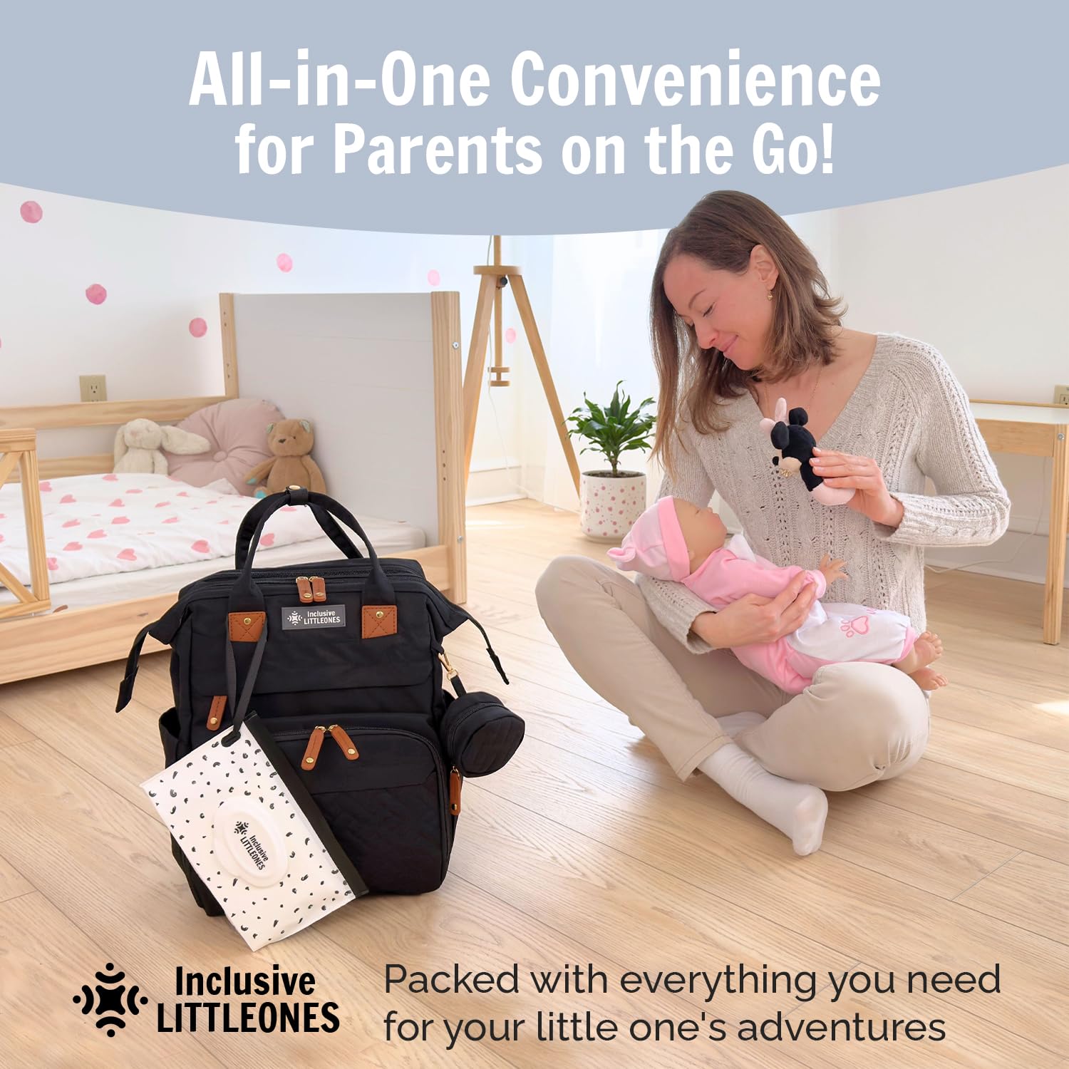 Inclusive LittleOnes stroller straps attach securely for hands-free transport.