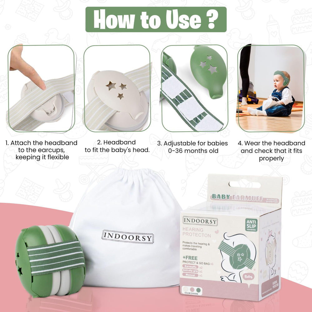 INDOORSY baby ear muffs travel bag shown for convenient on-the-go use