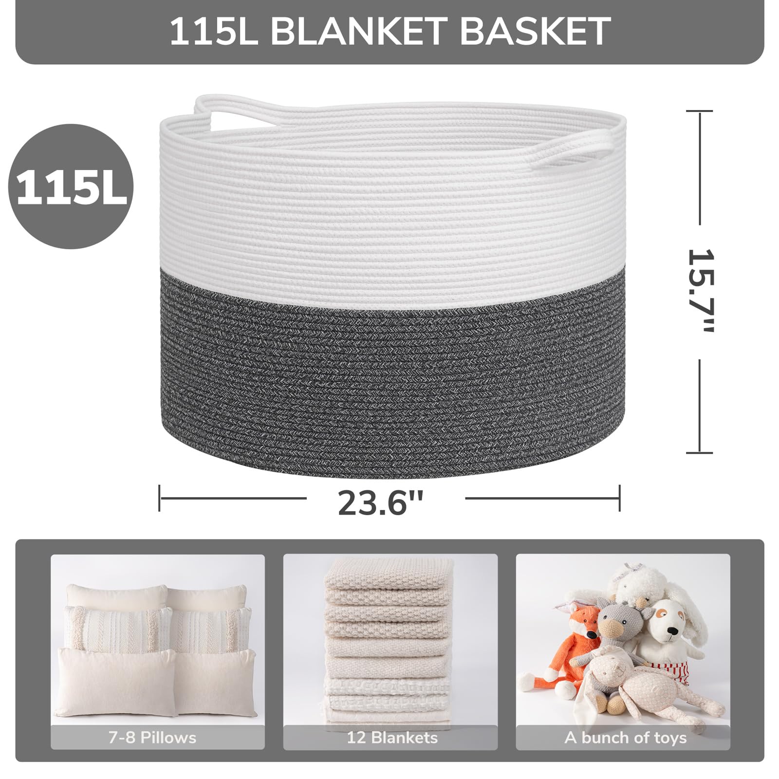 INDRESSME 115L blanket basket closeup cotton rope highlights soft, durable weave.
