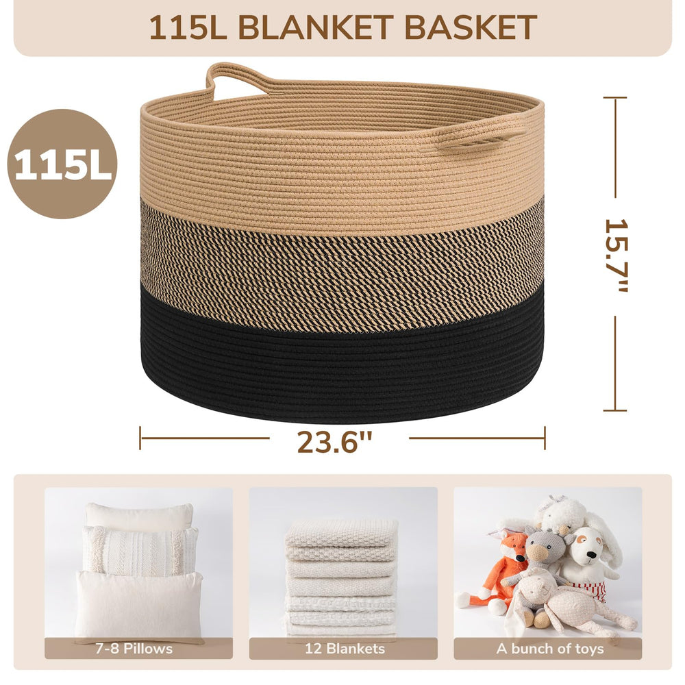 INDRESSME 115L blanket basket front angle shows sturdy cotton rope and low-sag design