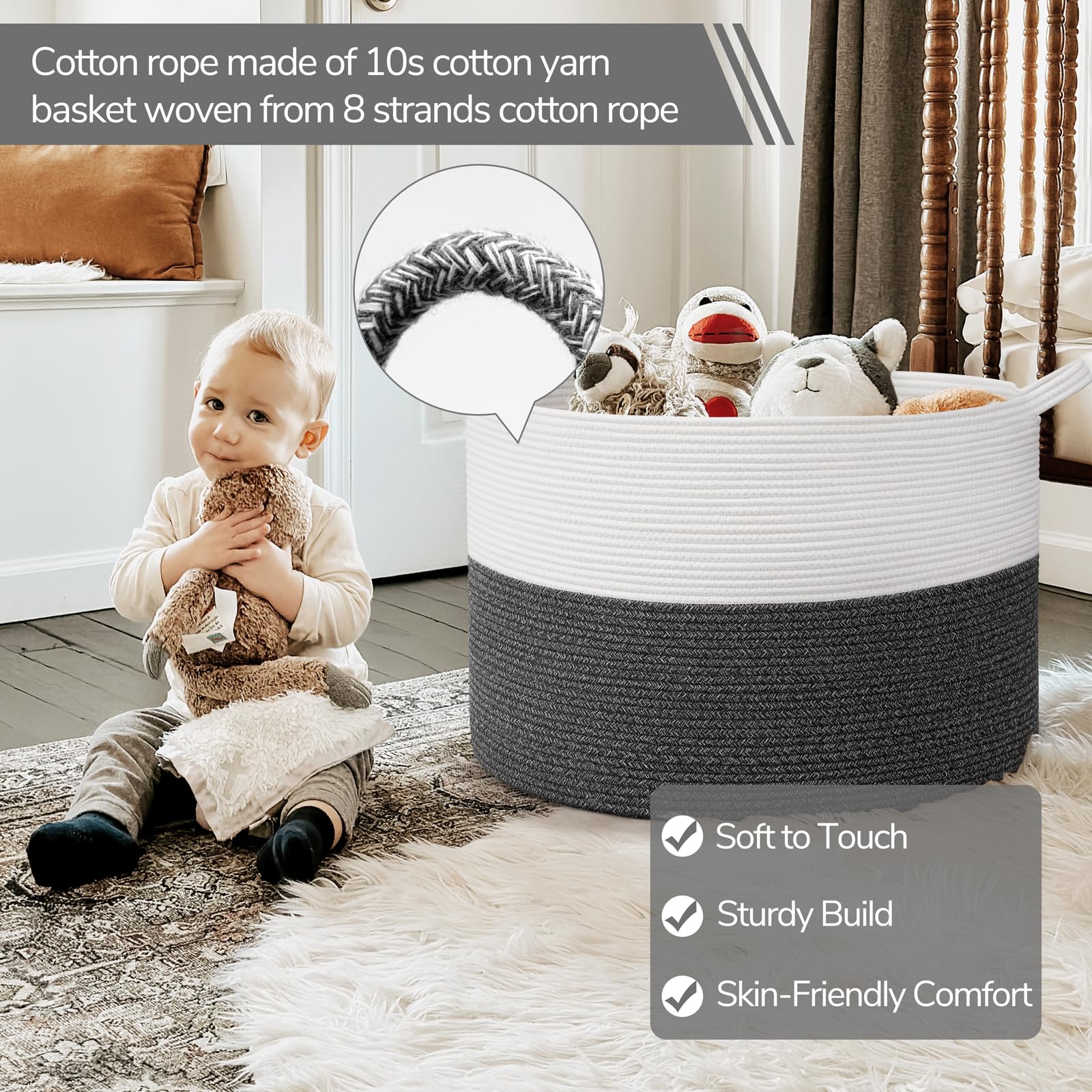 INDRESSME 115L blanket basket living room decor in neutral white-gray blends with any style.