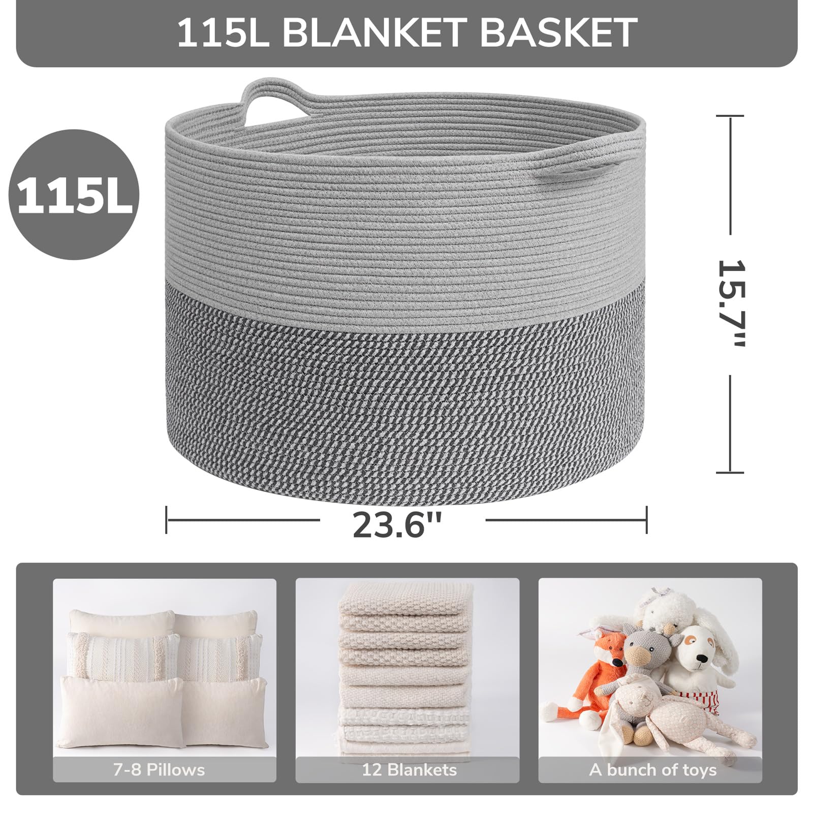INDRESSME 115L blanket basket side view highlights sturdy weave and reinforced edges.