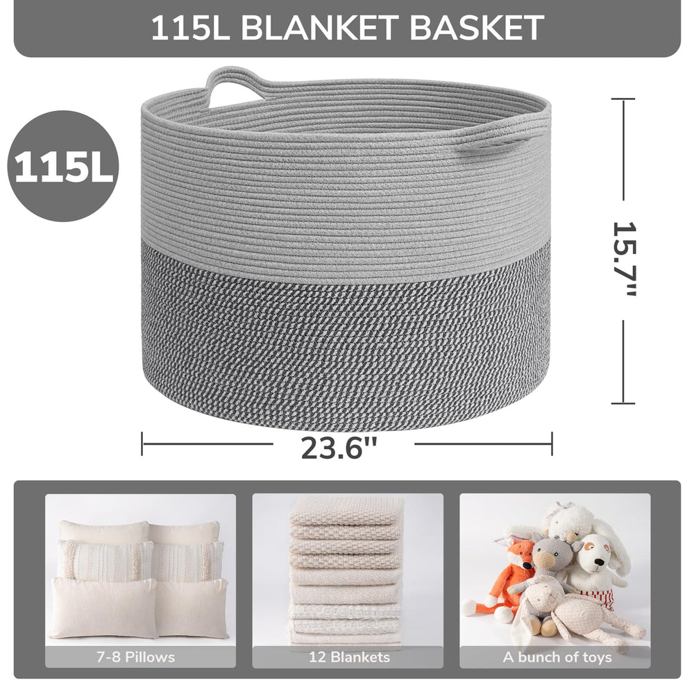 INDRESSME 115L blanket basket side view highlights sturdy weave and reinforced edges.