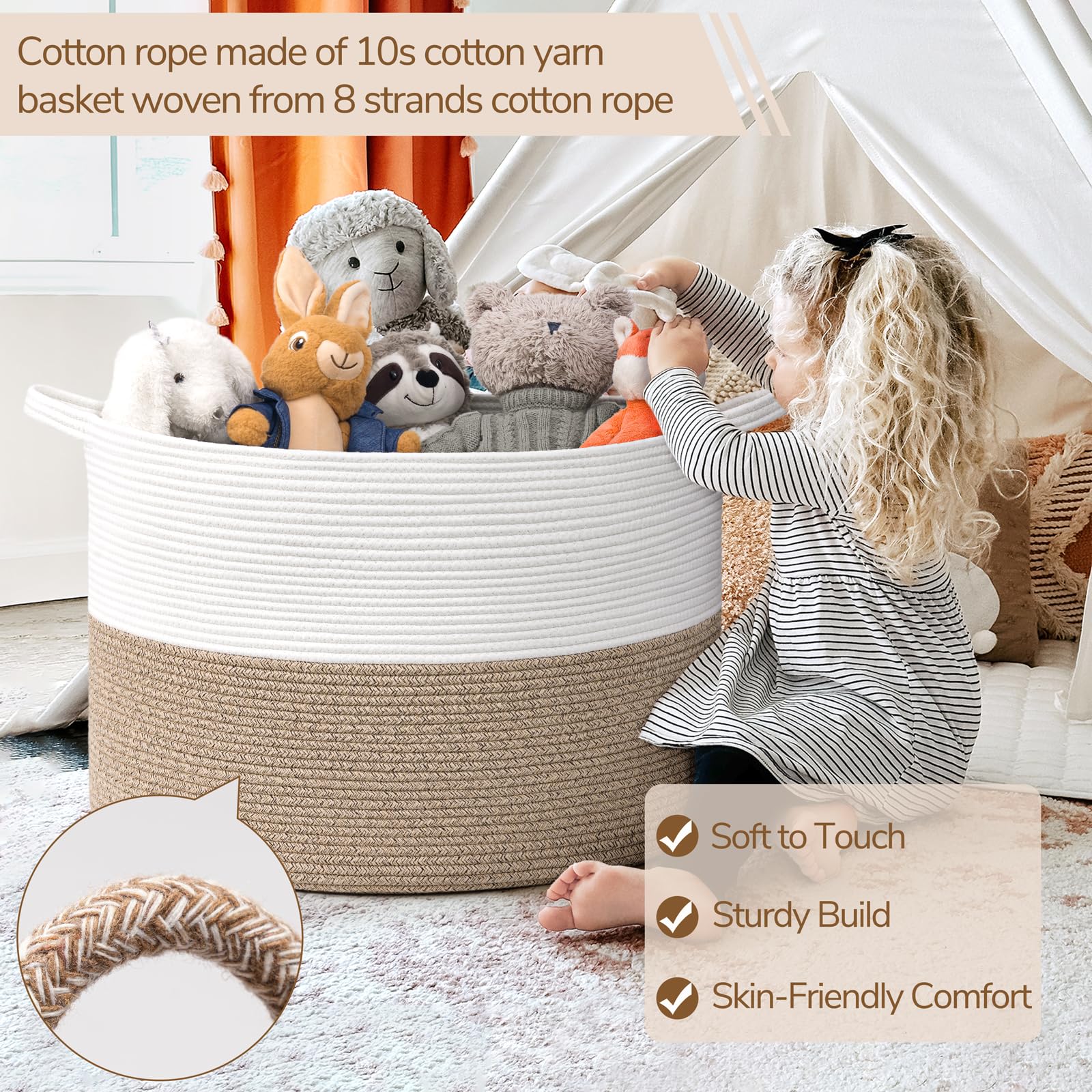 INDRESSME 115L blanket basket soft-cotton-rope offers gentle texture for kids' rooms.