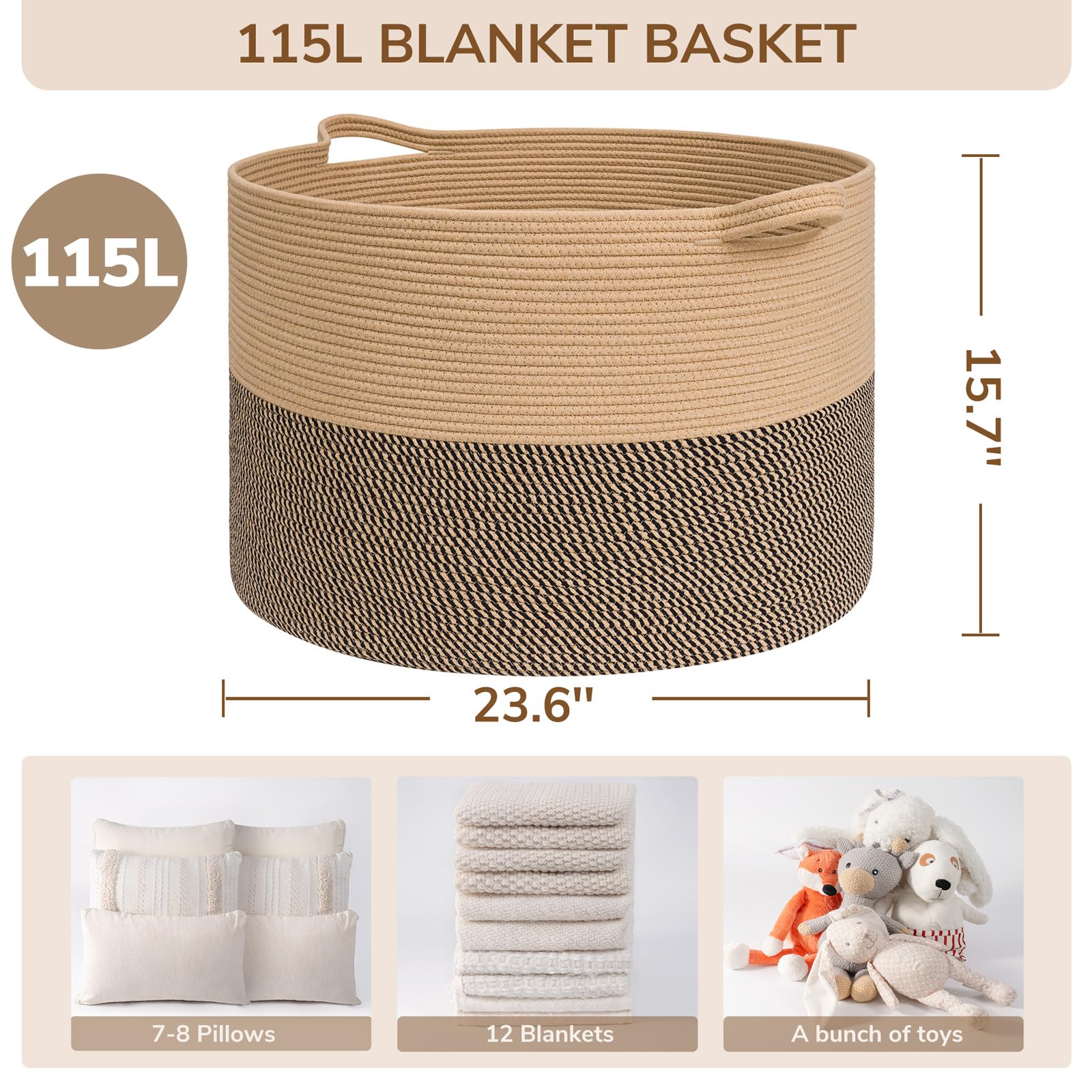 INDRESSME 115L blanket basket soft cotton rope captures premium texture and safety.