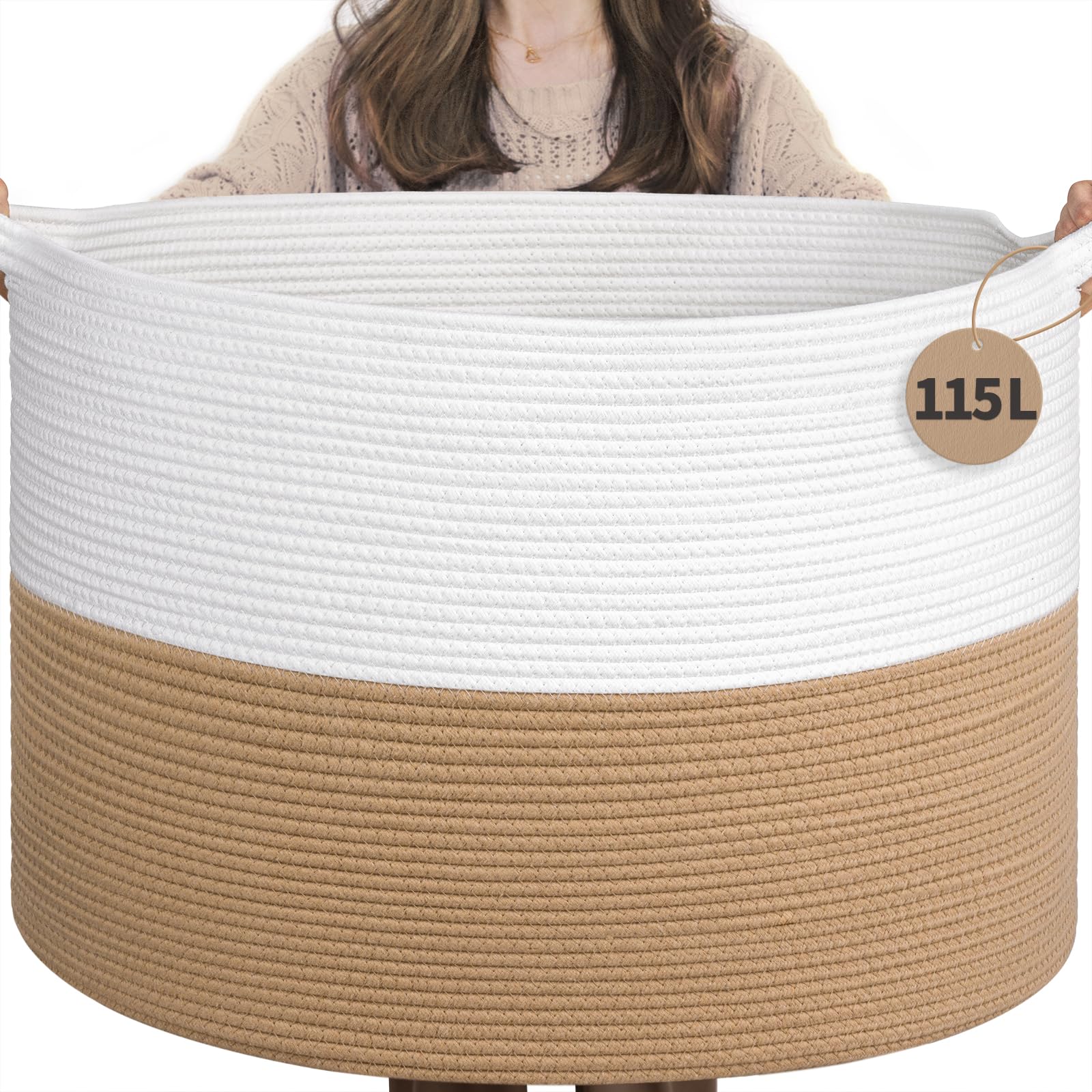 INDRESSME 115L blanket basket in white and camel for organized living room storage.