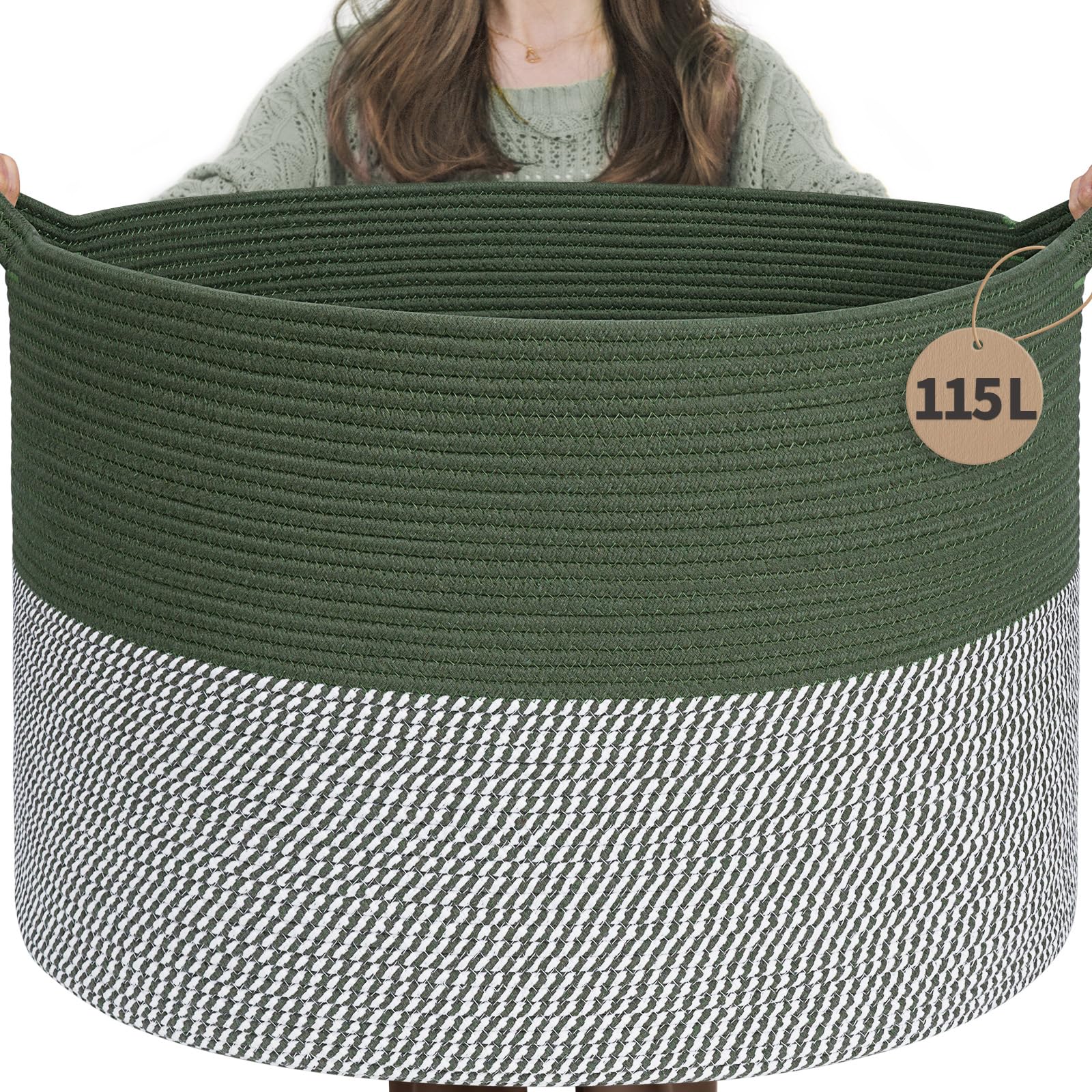 INDRESSME 115L cotton rope basket front view in green for spacious blanket storage