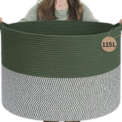 INDRESSME 115L cotton rope basket front view in green for spacious blanket storage