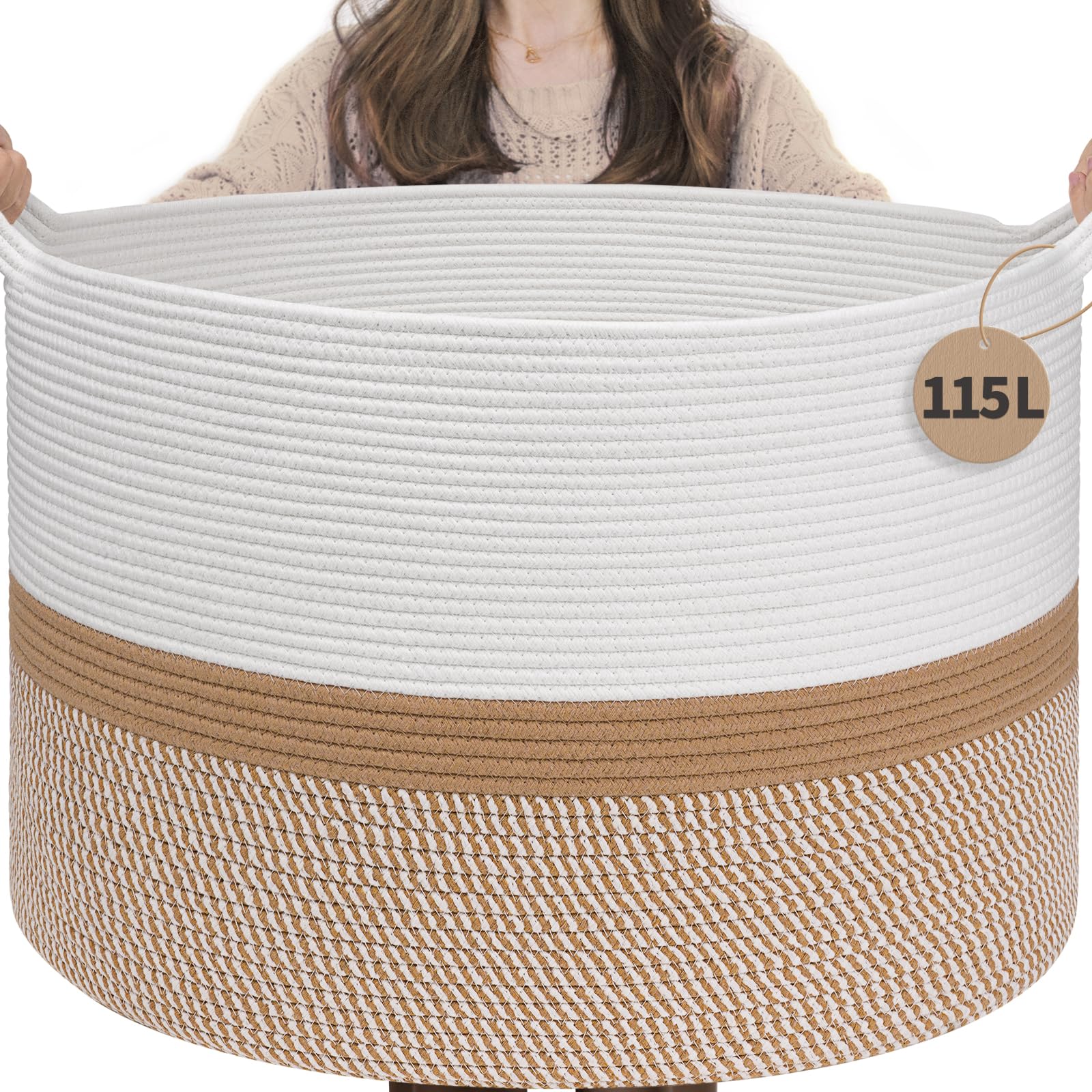 INDRESSME 115L cotton rope basket in living room boosts tidy storage with Boho style.