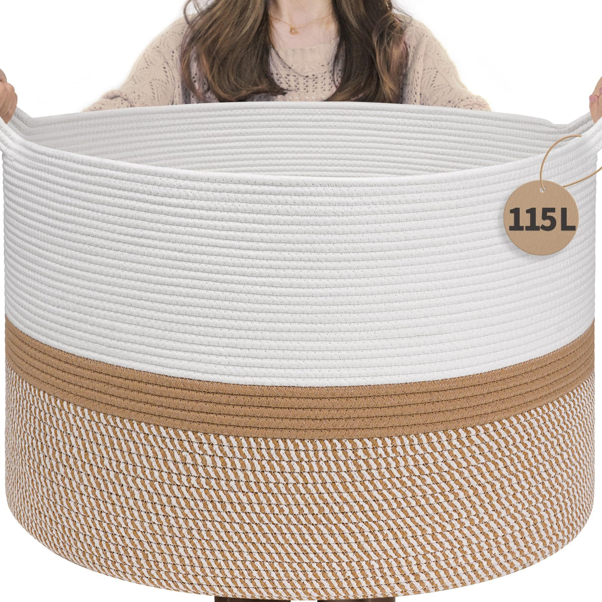 INDRESSME 115L cotton rope basket in living room boosts tidy storage with Boho style.