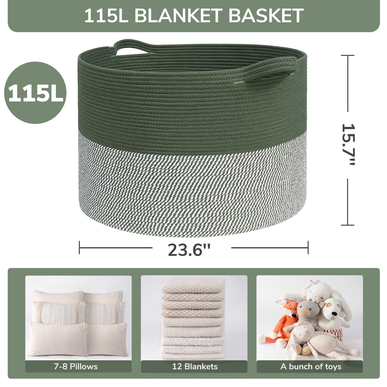 INDRESSME 115L cotton rope basket side view showing durable soft weave for tidy storage