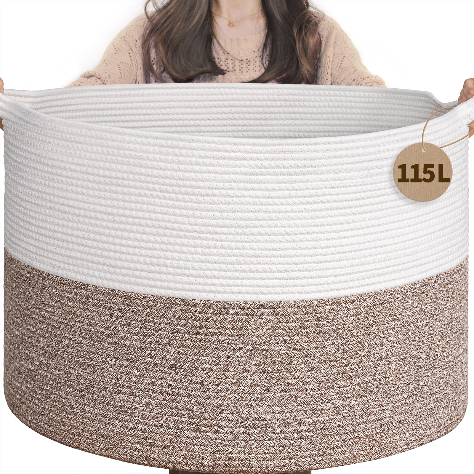INDRESSME 115L blanket basket closeup weave highlighting durable cotton rope for organized, clutter-free spaces.