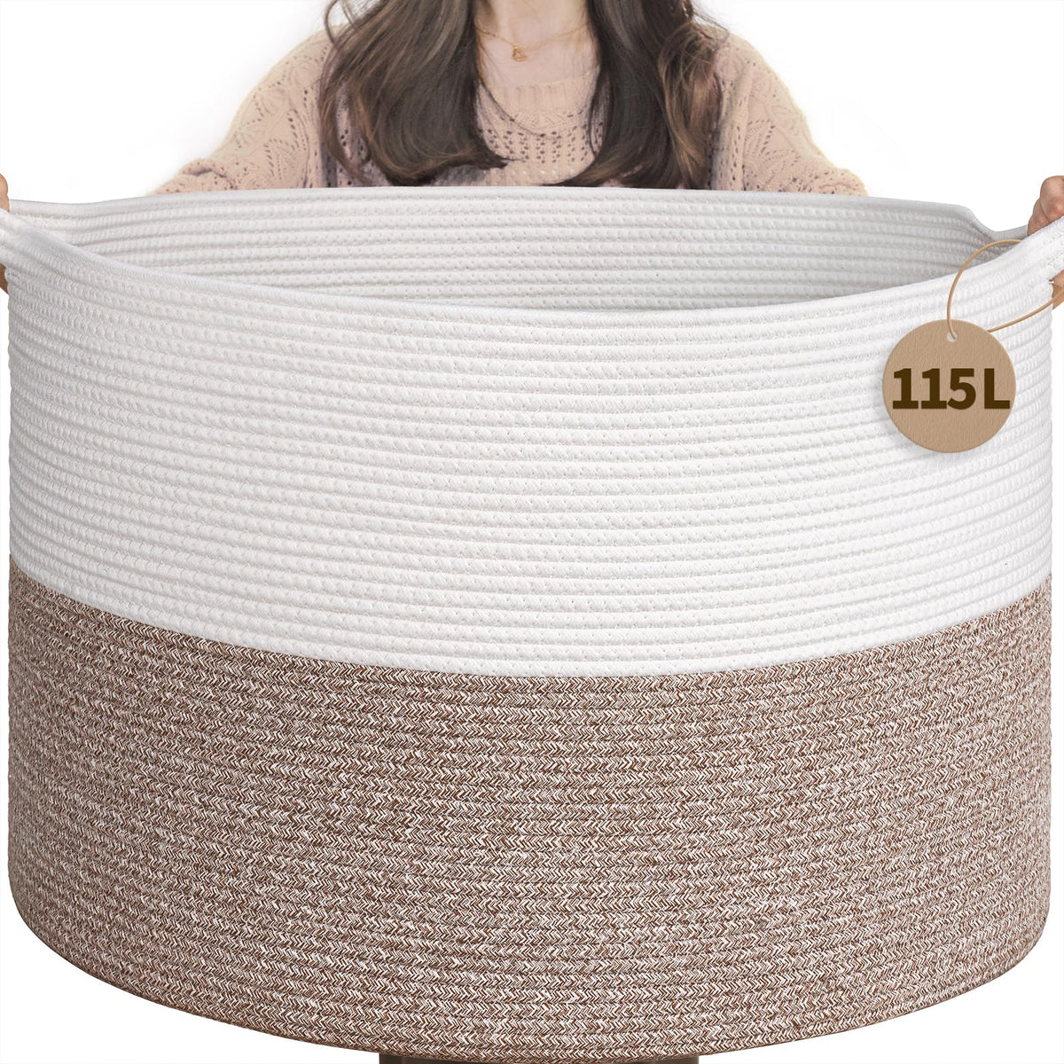 INDRESSME 115L blanket basket closeup weave highlighting durable cotton rope for organized, clutter-free spaces.