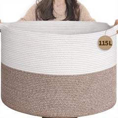 INDRESSME 115L blanket basket closeup weave highlighting durable cotton rope for organized, clutter-free spaces.