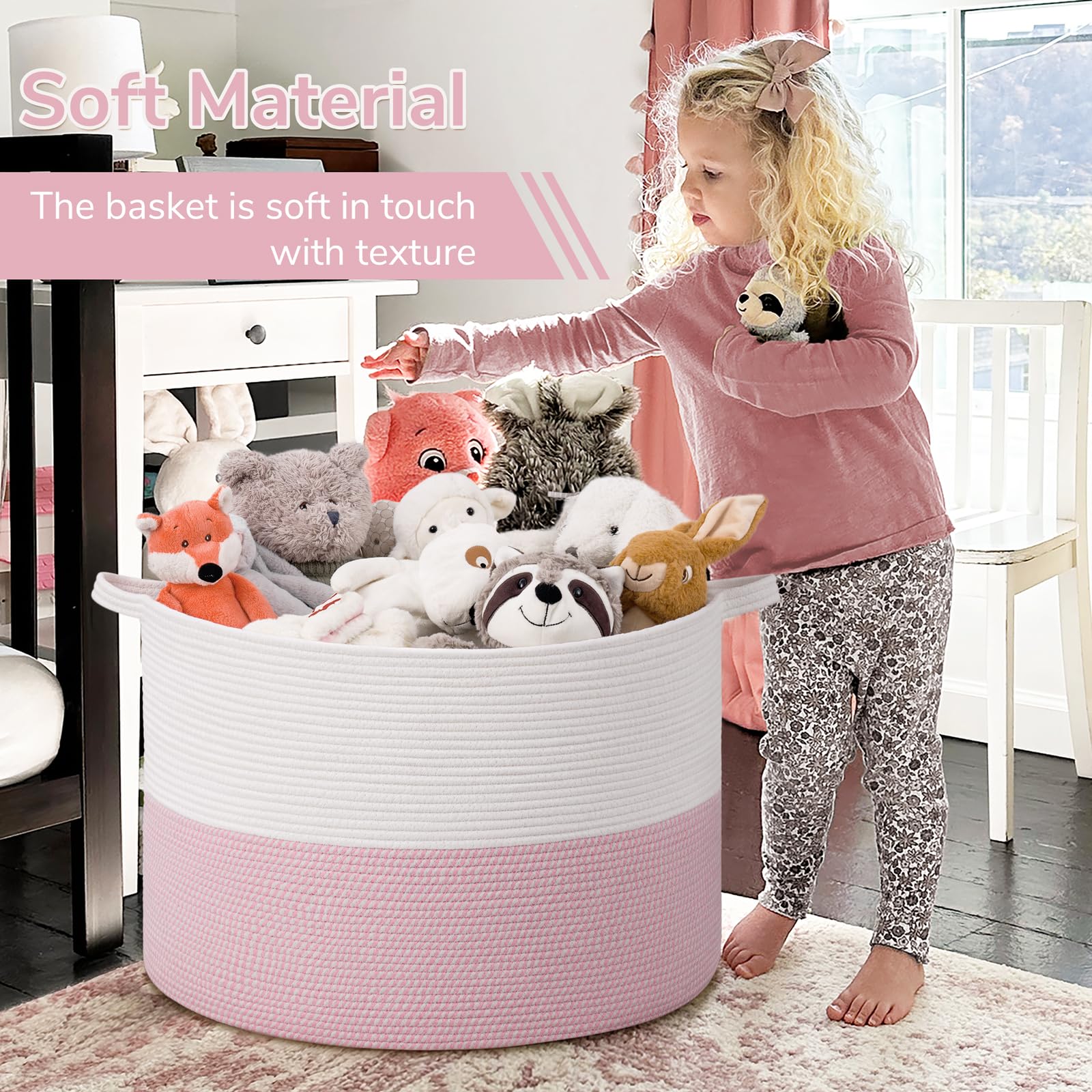 INDRESSME 115L pink basket in dorm room used as toy organizer.