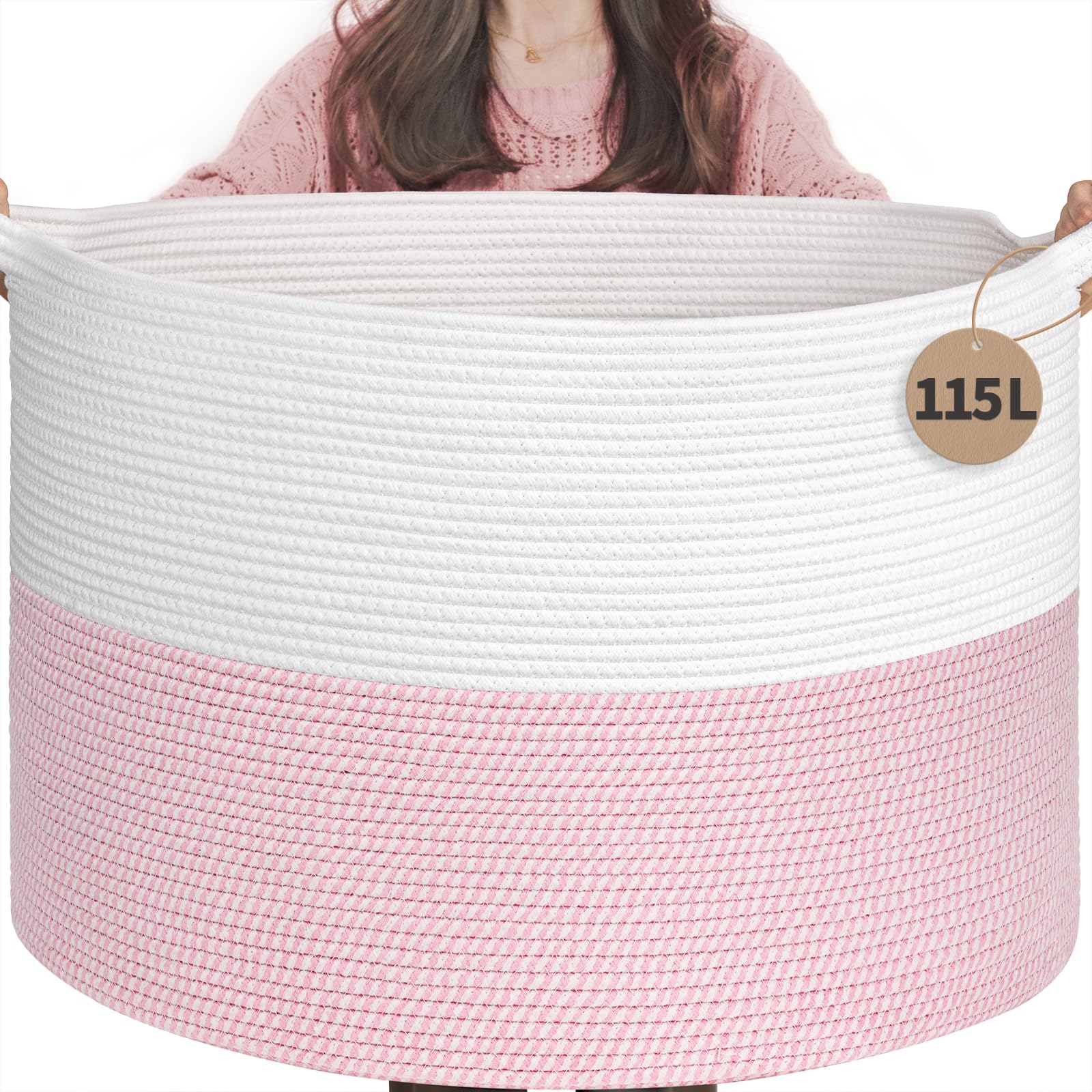 INDRESSME 115L pink laundry basket front view for large toy storage.