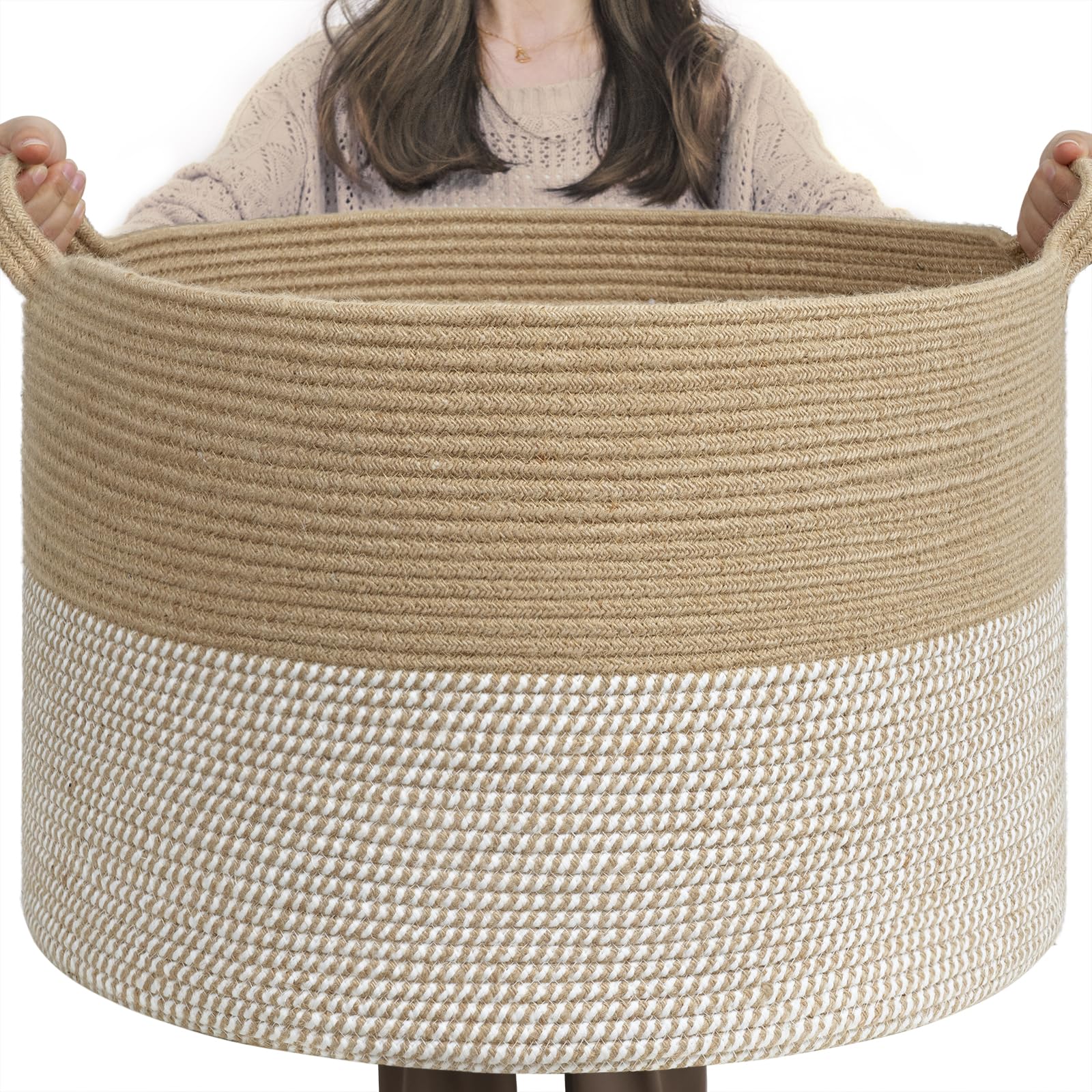 INDRESSME extra-large woven basket with blankets keeps living spaces clutter-free.
