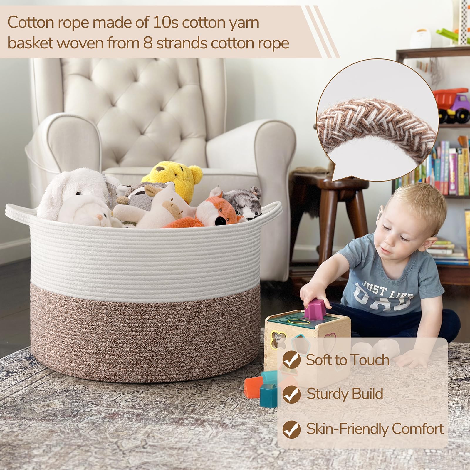 INDRESSME large blanket basket boho white-brown style enhances decor.