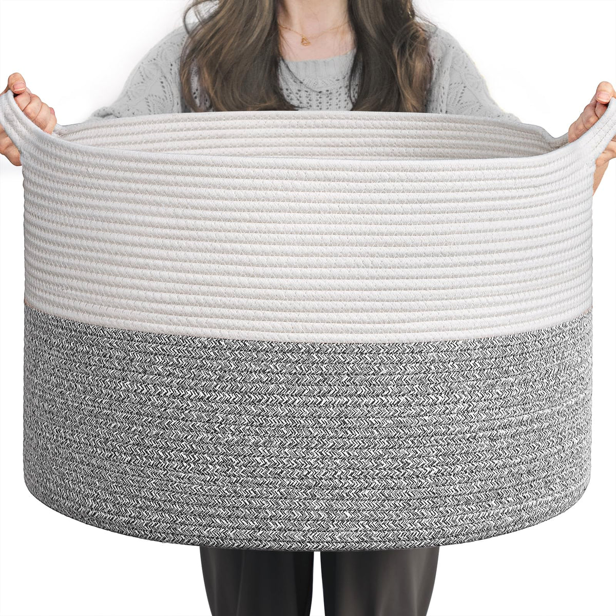 INDRESSME blanket basket top view highlighting roomy interior for blankets and toys.