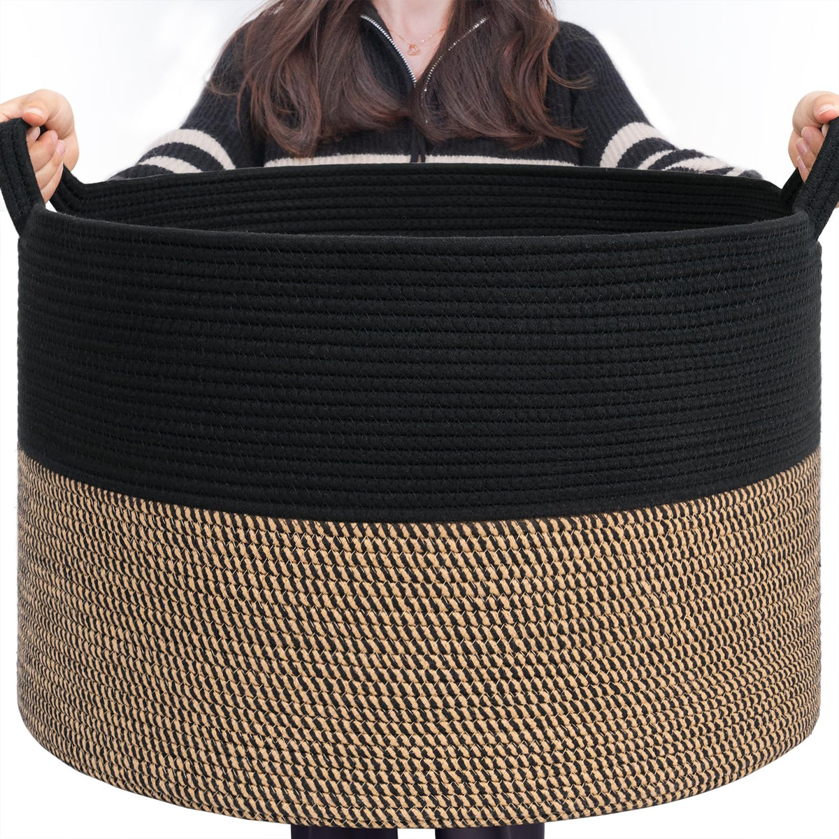 INDRESSME large storage basket with blankets in living room for clutter-free organization.