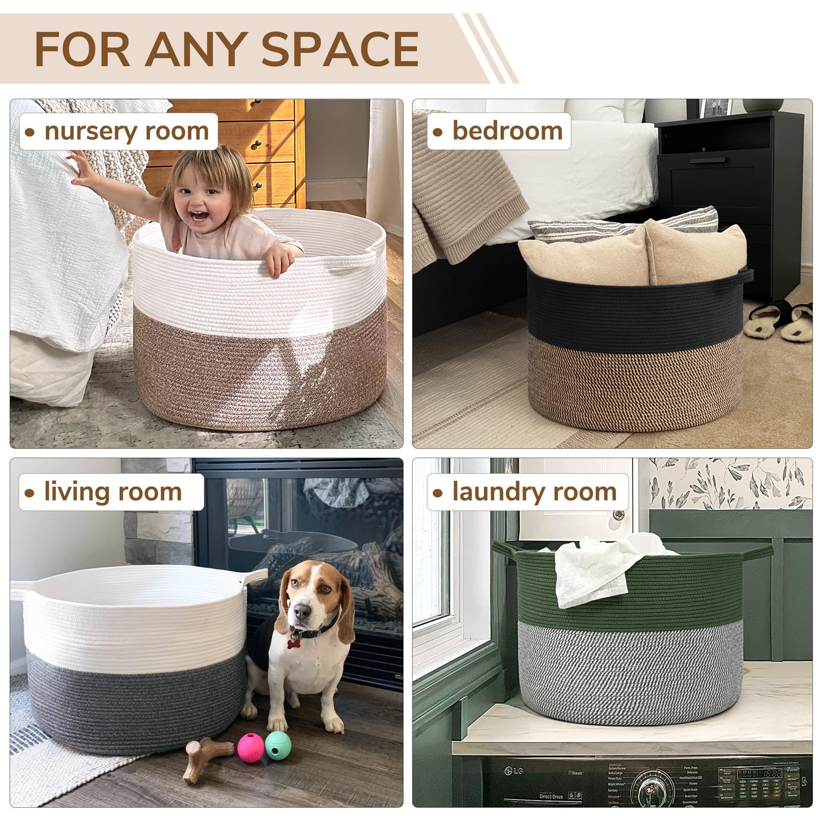 INDRESSME towel basket keeps bathroom essentials organized while soft rope protects floors.