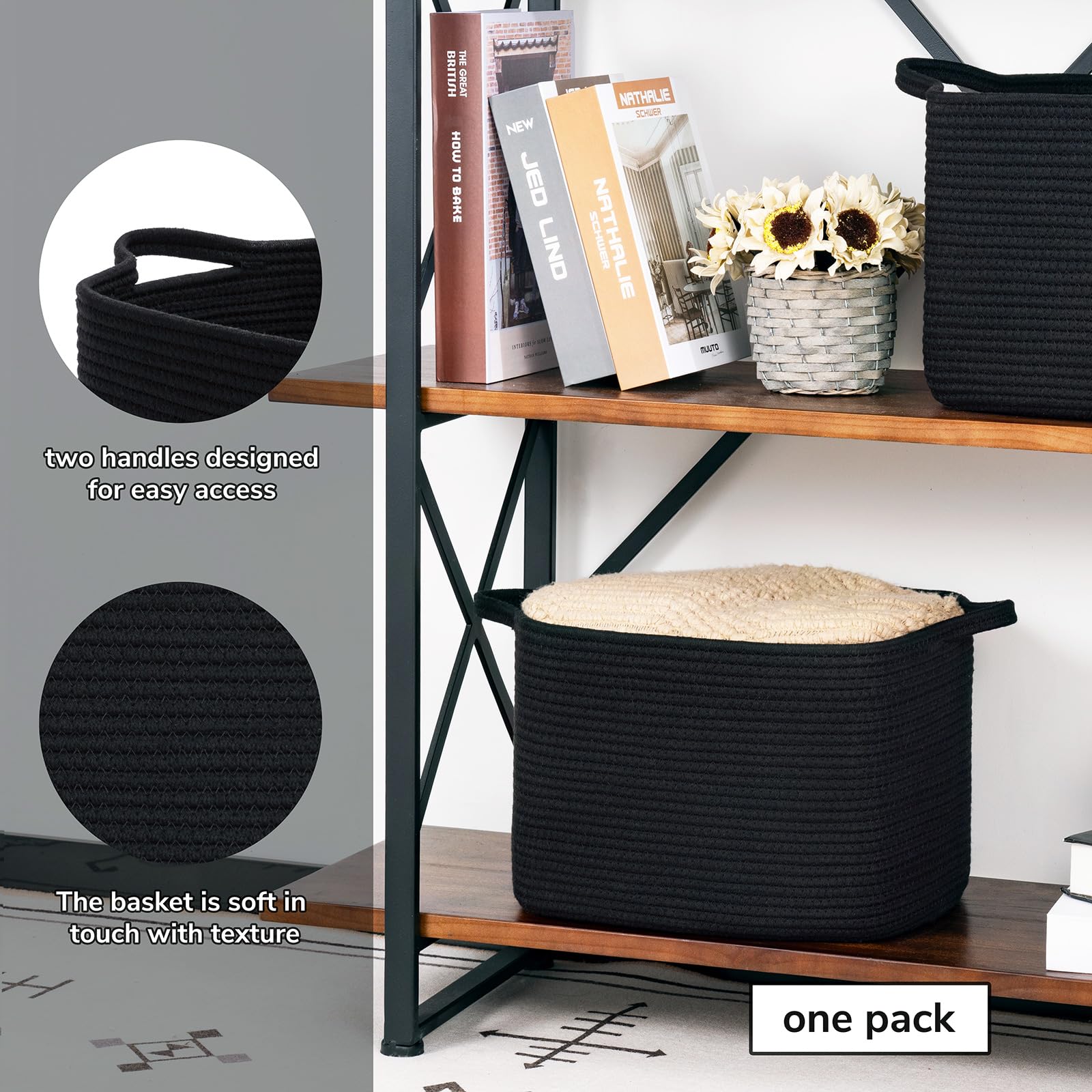 INDRESSME black basket on shelf showing easy access with dual handles