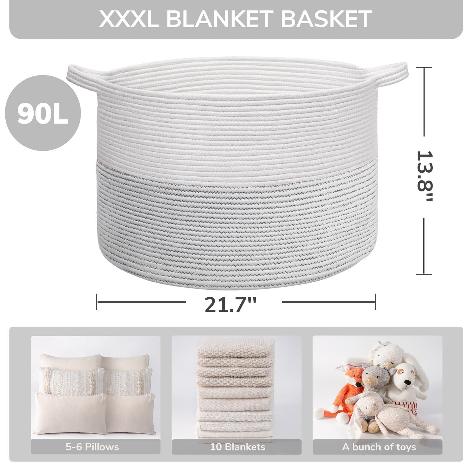 INDRESSME XXXLarge cotton rope basket sturdy handles for easy carrying