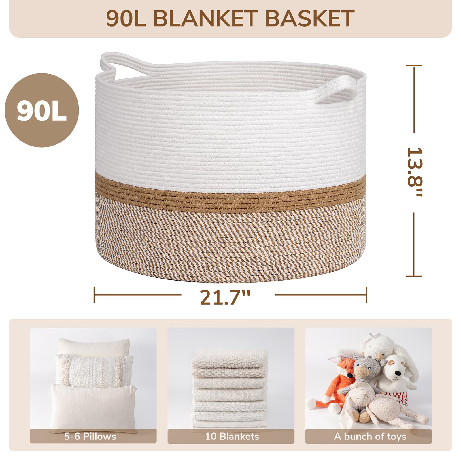 INDRESSME XXXLarge cotton rope basket provides ample blanket storage and organization.