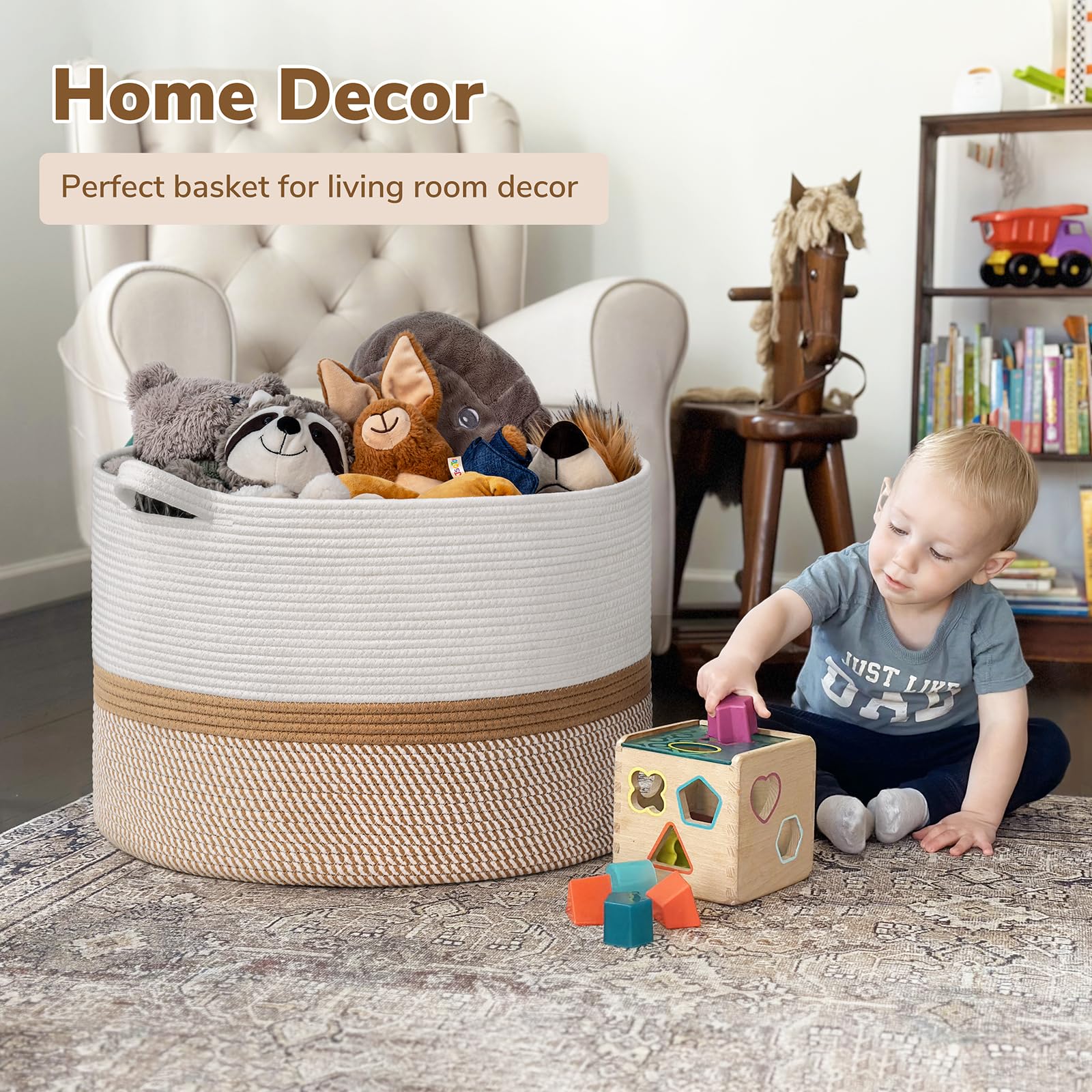 INDRESSME XXXLarge cotton rope basket in white-camel weave complements boho home decor.
