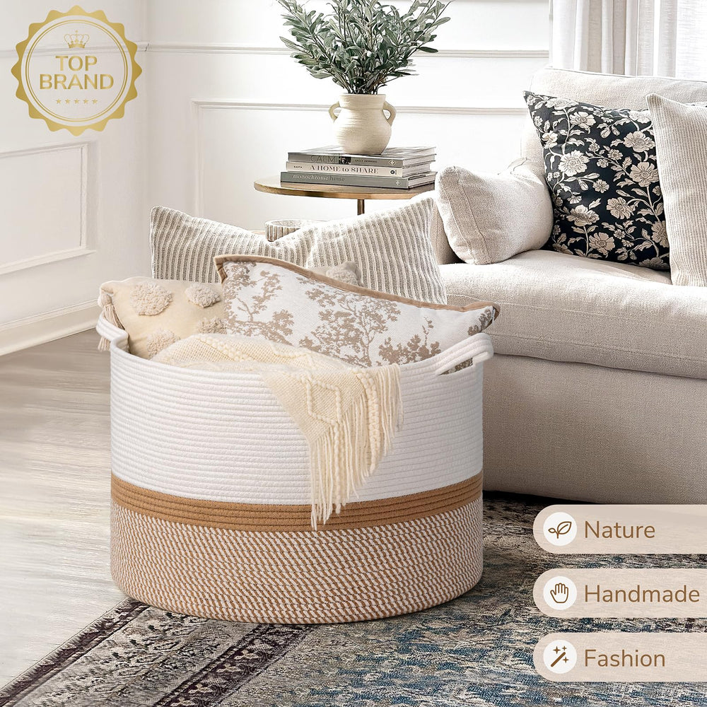 INDRESSME XXXLarge cotton rope basket organizes blankets and toys in a stylish living room.