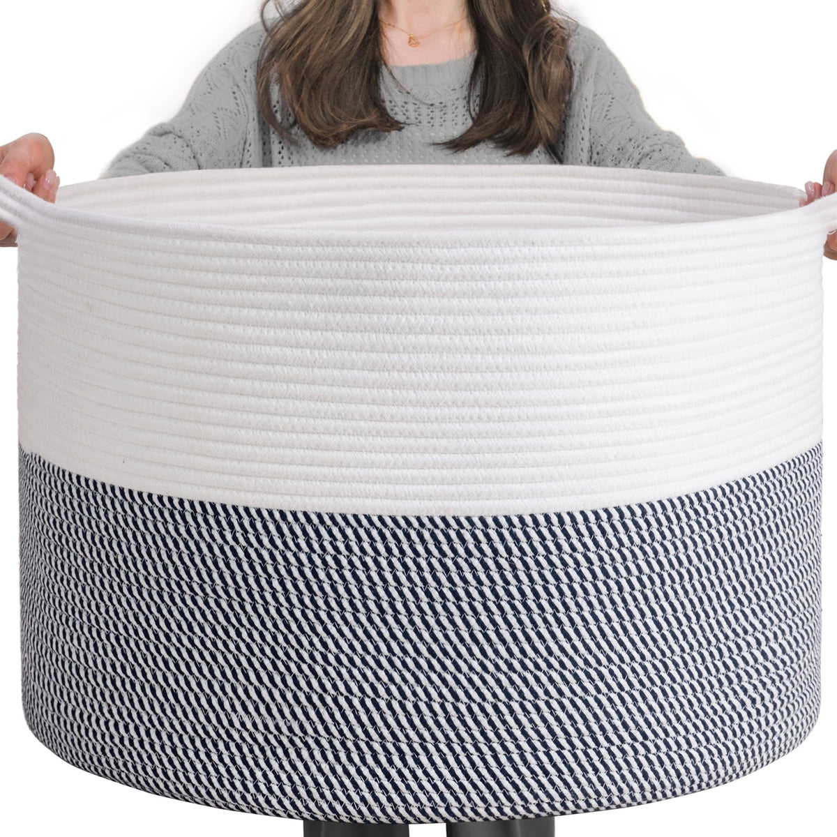 INDRESSME XXXLarge cotton rope basket navy folded for easy storage.